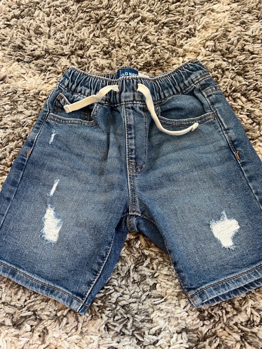 Old Navy Distressed Denim Shorts in Blue with Cream Drawstring